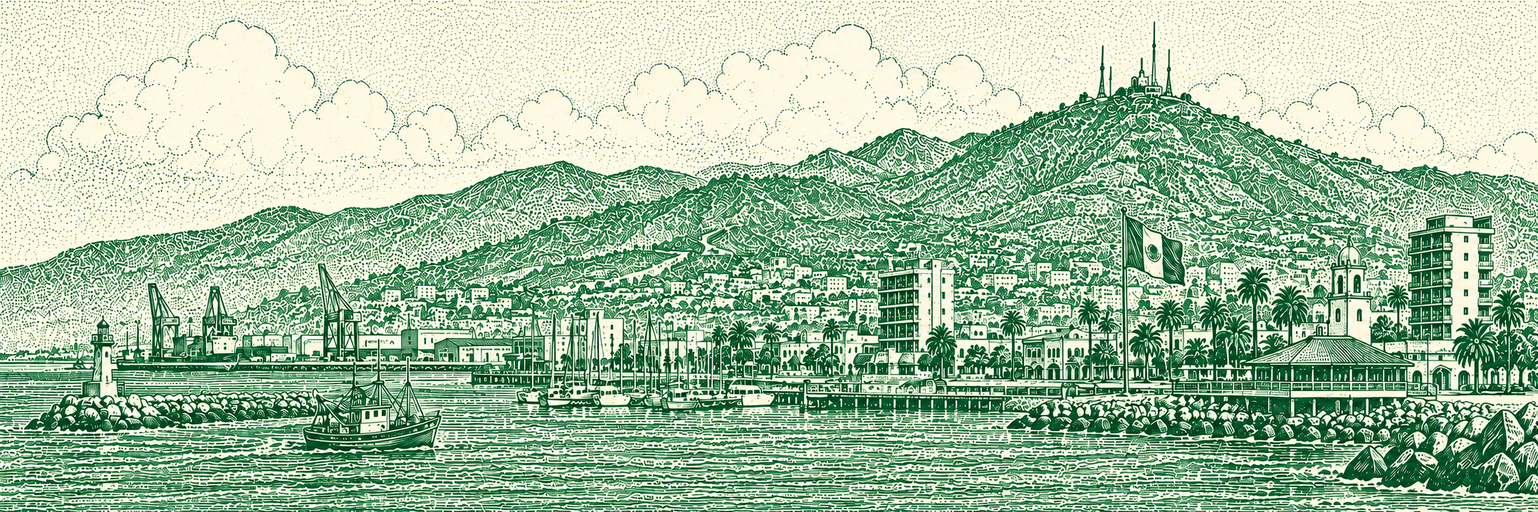 Panorama vintage del malecón de Ensenada, con barcos, palmeras y montañas, ilustrado en verde.